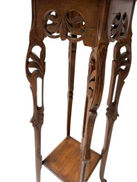 Art Nouveau Pedestal Plant Stand, Hand-Carved Beech & Marble, 1900s